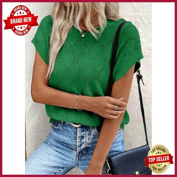 Cable Knit Short Sleeve Sweater Lightweight Pullover Loose Fit - Picture 4 of 8